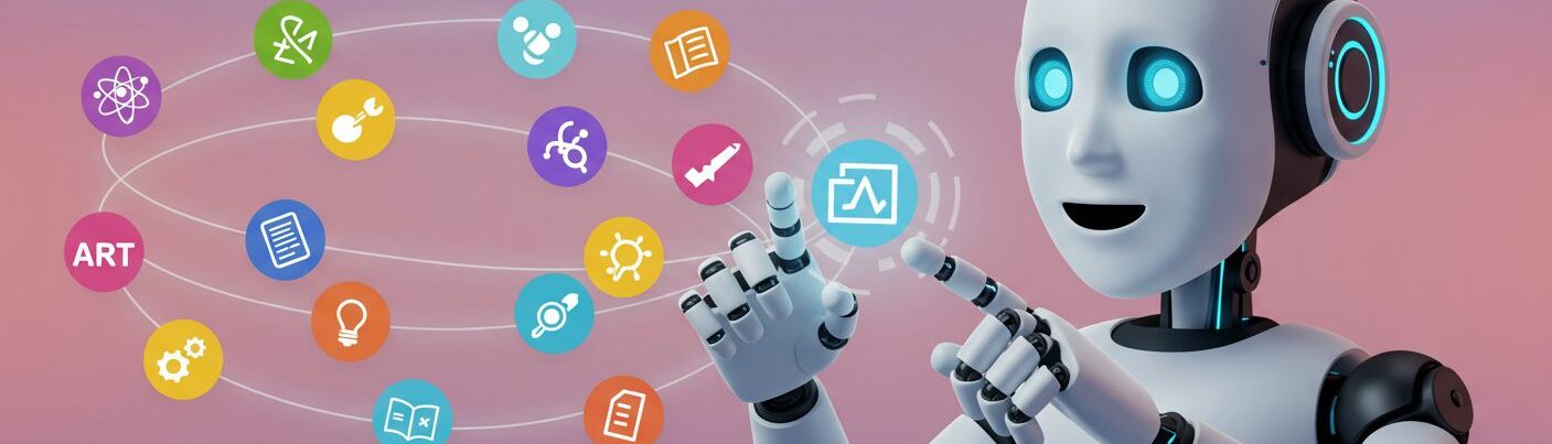 An illustration of a robot interacting with educational icons, representing the use of Education AI Tools.